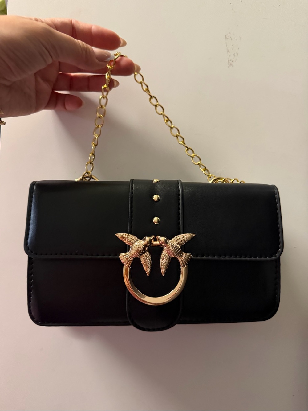 Black Women's Chain Shoulder Bag with Gold Bird Ring Accent